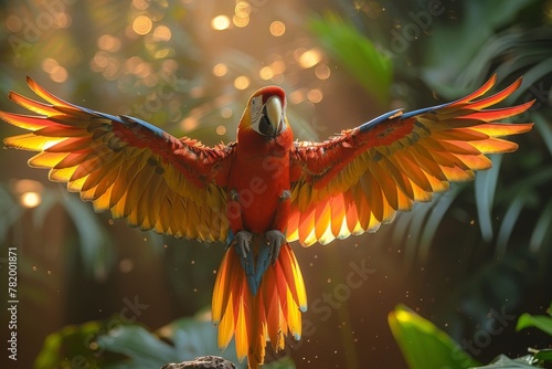 A stunning Scarlet Macaw captured mid-flight, displaying its vivid red, yellow, and blue plumage against a bokeh background