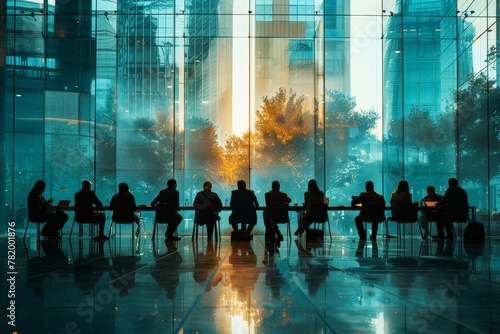 Silhouette of business professionals in a meeting room with a golden sunlit cityscape seen through the glass walls