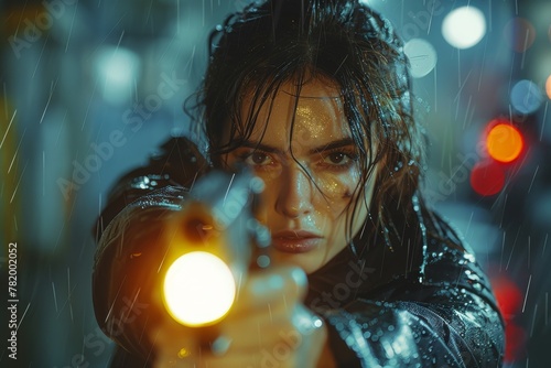 Intense female in the rain intensely aiming a gun towards the camera, action-packed scene