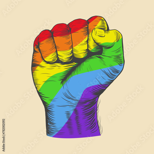 LGBTQ freedom protest fist. LGBT rainbow flag. LGBTQIA Pride month. Vector illustration for T shirt, website, print, clip art, poster.