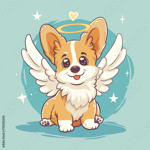 Cute card in kawaii style. Little corgi puppy with angel wings and halo. Happy dog with nimbus