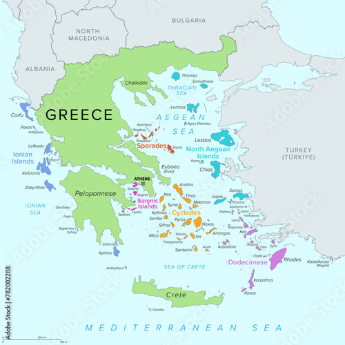 Islands of Greece, political map. Greek islands groups and clusters. The Cyclades, Dodecanese, Sporades, North Aegean and Saronic Islands lying in the Aegean Sea, the Ionian Islands in the Ionian Sea.