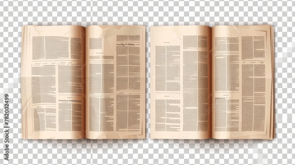 A daily newspaper, paper press, with a headline, article, and picture frame. Slices of a journal, magazine, tabloid, or gazette on a transparent background, modern illustration. - obrazy, fototapety, plakaty 