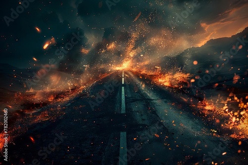 An asphalt road in the middle of a desolate wasteland, illuminated by fiery flames and sparks, digital art