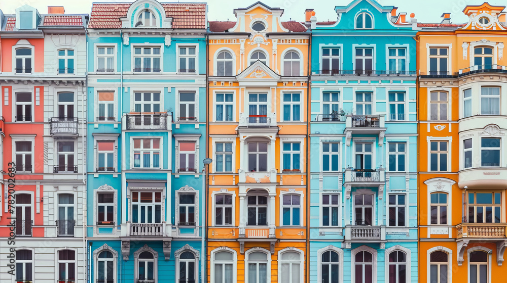 Rows of colorful renaissance facades of European residential houses, city texture background