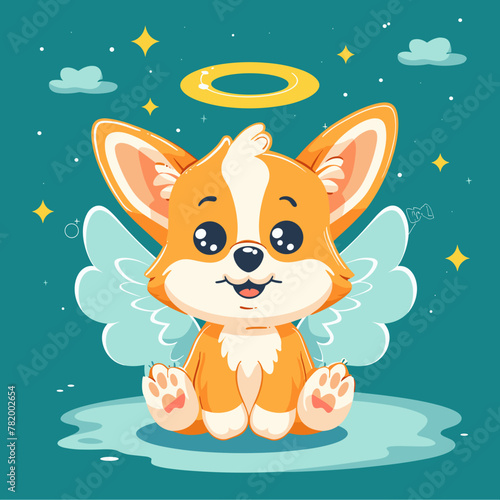 Cute card in kawaii style. Little corgi puppy with angel wings and halo. Happy dog with nimbus