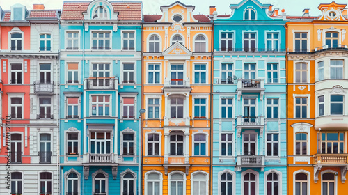 Rows of colorful renaissance facades of European residential houses, city texture background