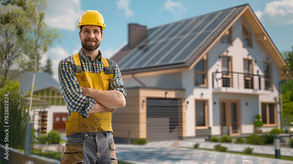 Worker with Yellow Helmet Standing Confidently In Front Of a House with solar panels Worker with Yellow Helmet Standing Confidently In Front Of a House with solar panels