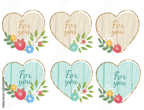 Wooden design elements set with flowers and text For You. Vector wood board, frame, badge, label, shield, signboard collection. Brown and blue background with text. Vector illustration