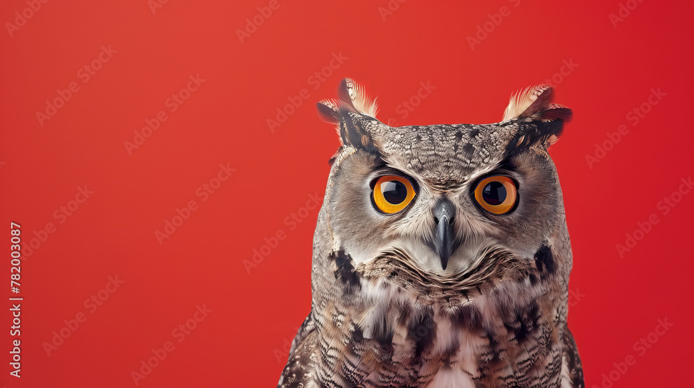 Studio portrait of surprised owl, isolated on red background with copy space Studio portrait of surprised owl, isolated on red background with copy space