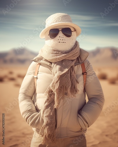 Snowman wearing sunglasses in the hot desert. Ai generative photo