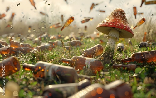 A whimsical scene of a mushroom swaying tipsily in a field, surrounded by empty bottles photo