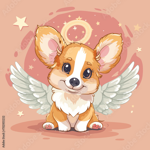 Cute card in kawaii style. Little corgi puppy with angel wings and halo. Happy dog with nimbus