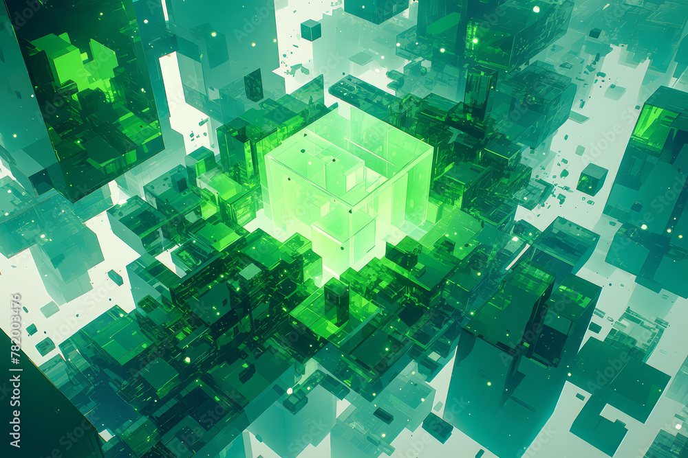 Obraz premium 3D Rendering of abstract digital technology block structure. Rendering of abstract city block foundation. Motion texture in cubic form. AI Generative. 