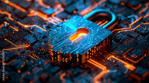 Cybersecurity Padlock on a Vibrant Circuit Board