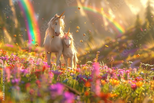 mother and child unicorn frolicking in a field of rainbow-colored flowers, with animated rainbows arching across the sky and the soft tinkling of bells in the distance