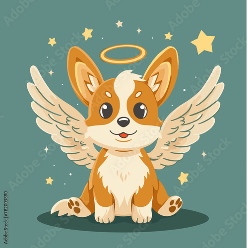 Cute card in kawaii style. Little corgi puppy with angel wings and halo. Happy dog with nimbus