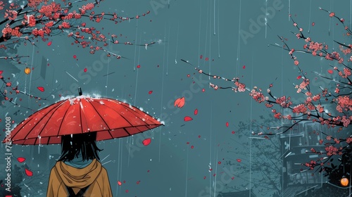 Person under red umbrella with cherry blossoms and rain in a stylized artwork