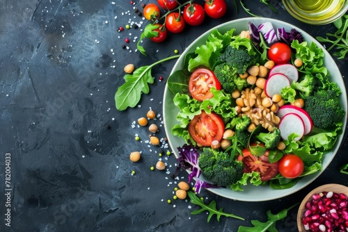 Healthy vegan dish with fresh raw vegetables, salad greens, and nuts on dark background, top view