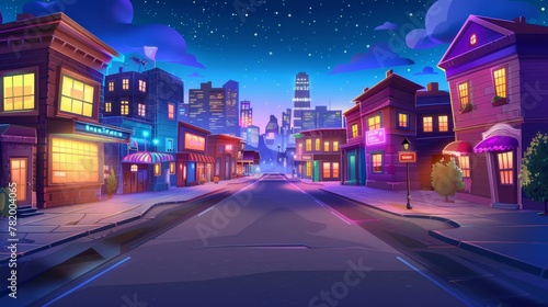 Perspective view of a city street with glowing windows at night. Cityscape with houses, shops, and skyscrapers with neon signboards.