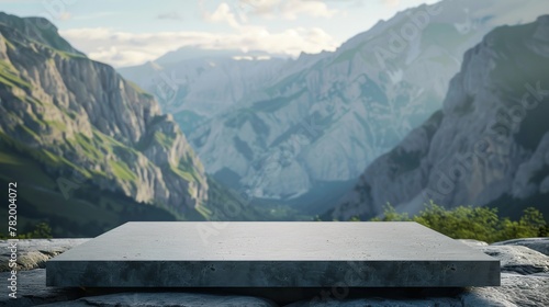 A dark marble podium A sophisticated stone podium sits in the foreground of an awe-inspiring alpine landscape, ideal for showcasing products with a backdrop of natural grandeur