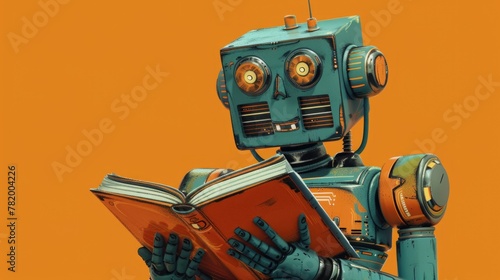 Fun robot holding book on orange background