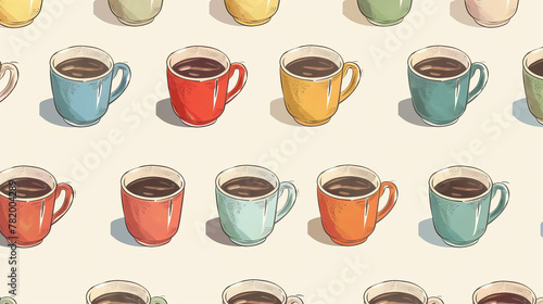 Varies of colorful retro style coffee mug cups, seamless pattern background wallpaper, gift packing paper