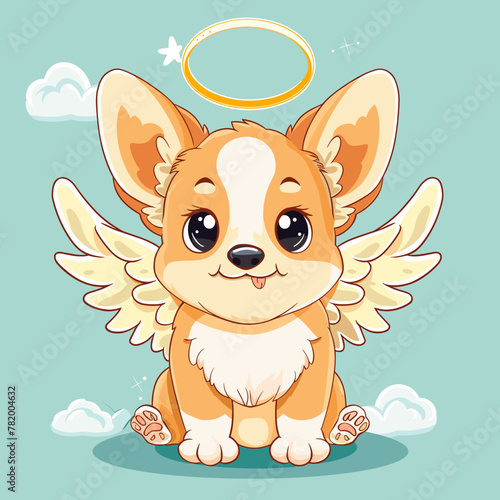 Cute card in kawaii style. Little corgi puppy with angel wings and halo. Happy dog with nimbus