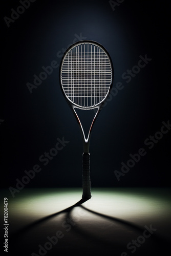 The silhouette of a tennis racket and the shadow it casts on the court, rendered in exquisite detail, isolated on a play of lights background, symbolizing the elegance and simplicity of the sport © Supapich