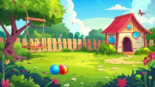 A cartoon backyard in summer with a dog house and child toys. Modern illustration of green lawn and flowers with a swing on a tree, a ball, and a pet kennel.