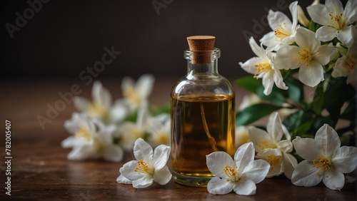 jasmine flower background with aroma therapy massage essential oil bottle from Generative AI
