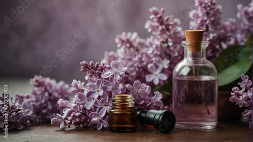 lilac flower background with aroma therapy massage essential oil bottle from Generative AI photo