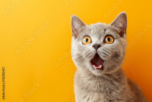 Young crazy funny surprised British short hair cat make big eyes and open mouth closeup on yellow orange background photo