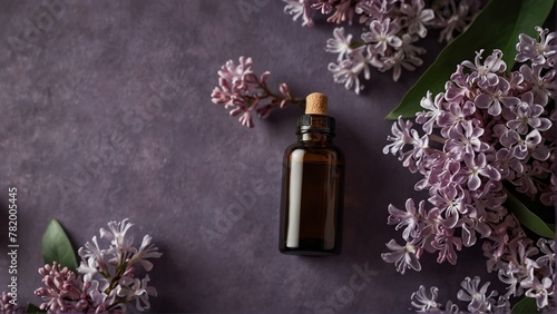 lilac flower background with aroma therapy massage essential oil bottle from Generative AI