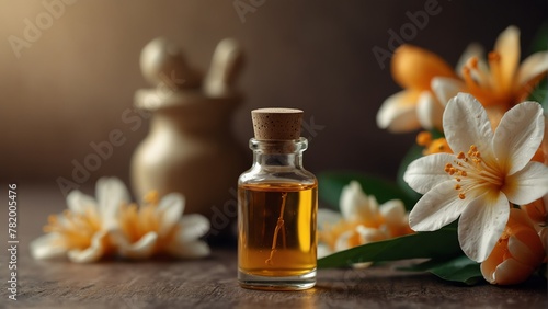 neroli flower background with aroma therapy massage essential oil bottle from Generative AI