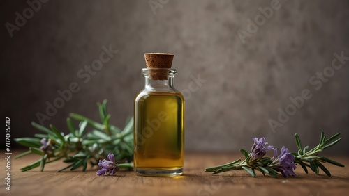 rosemary flower background with aroma therapy massage essential oil bottle from Generative AI