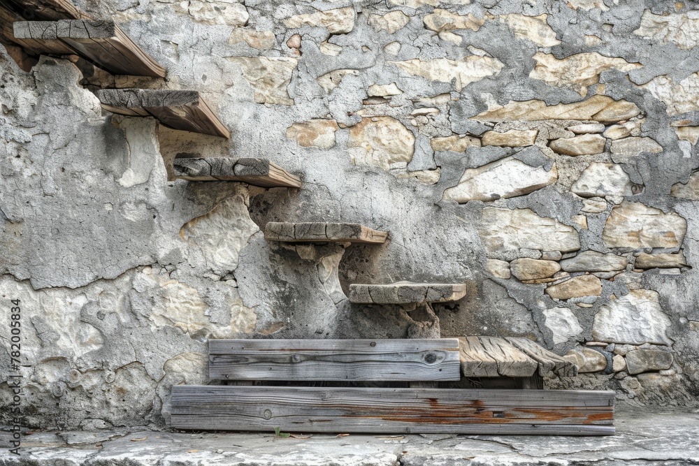 Weathered stone wall with old wooden stairs, vintage background for professional photography, digital illustration