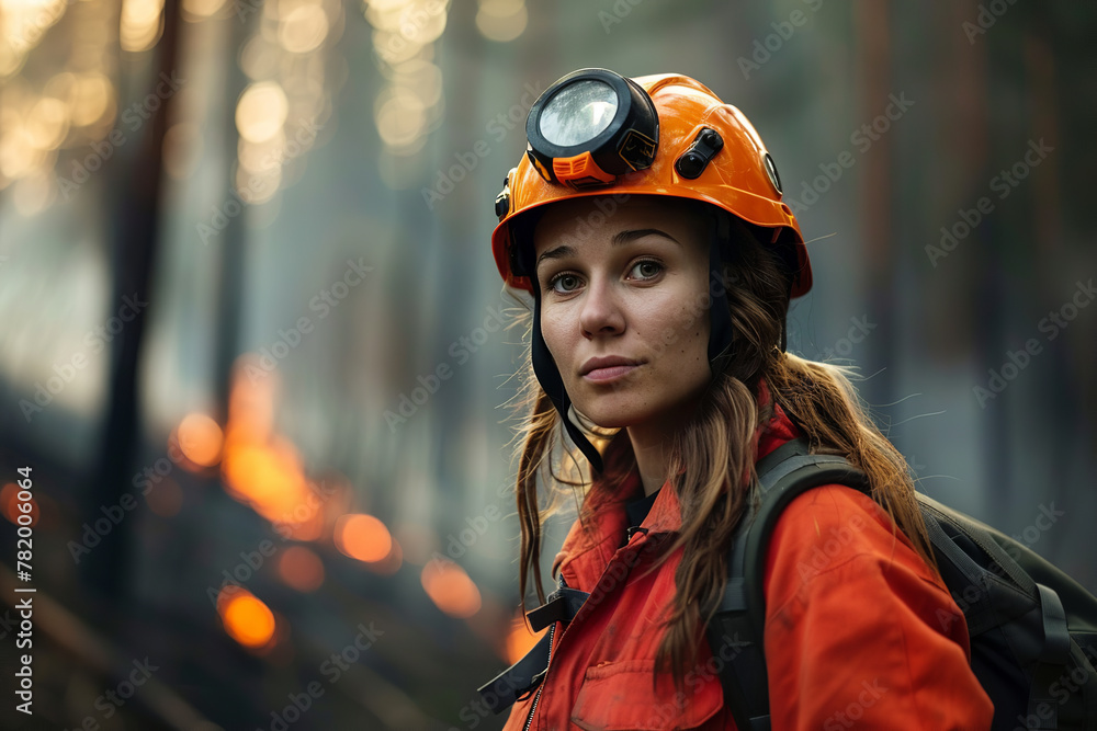 young caucasian woman firefighter in orange uniform stands near the forest fires, natural background young caucasian woman firefighter in orange uniform stands near the forest fires, natural background