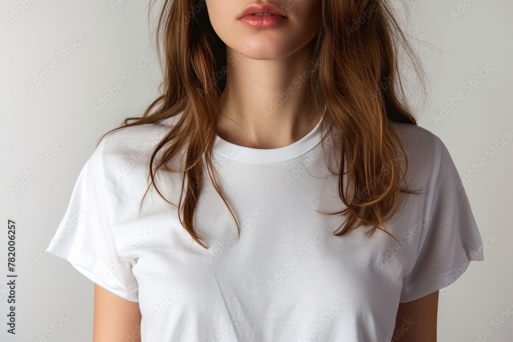 A young woman in a white t shirt on a white background. A young woman in a white t shirt on a white background.