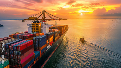 A large cargo ship loaded with containers at a bustling sea port during a beautiful sunset.