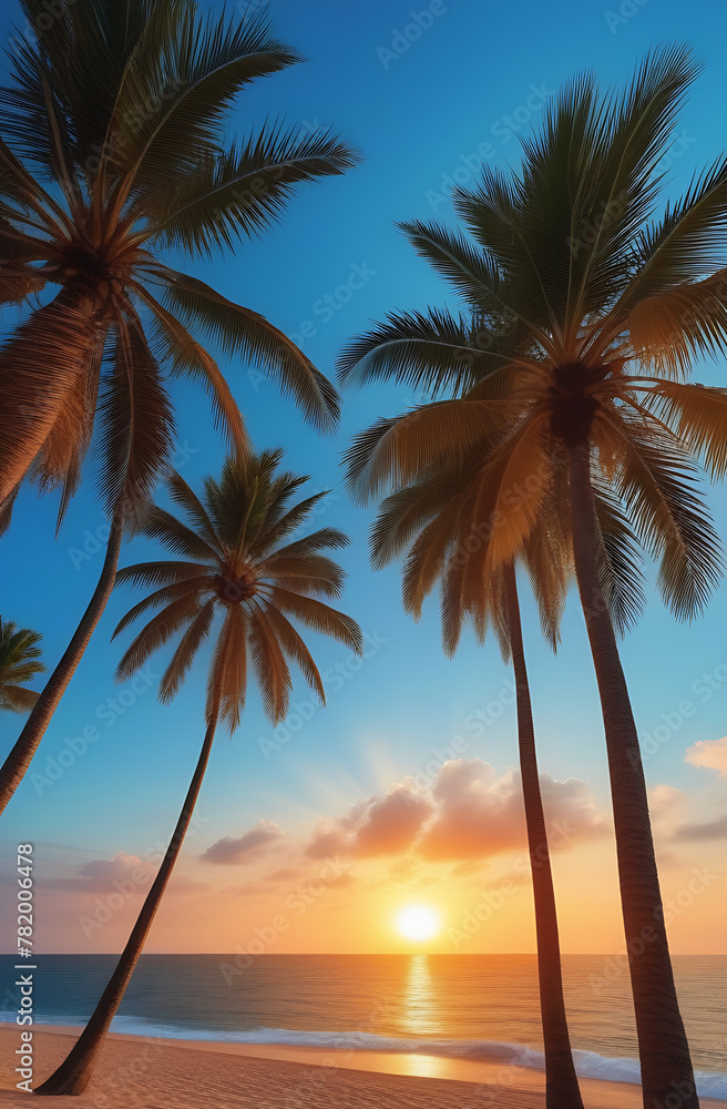 Silhouette of palm trees Beautiful sunset on the tropical sea beach background for travel in holiday relax time,