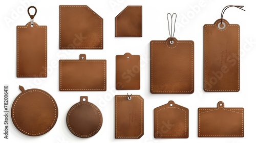 Vintage style leather labels isolated on white background. Modern illustration of a brown material tag used to indicate price or quality of clothing and accessories. photo