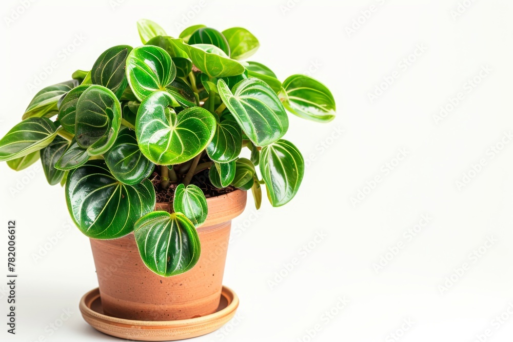 Fototapeta premium Peperomia in Flowerpot Closeup, Peperomia Macro House Plant in Flowerpot on Blurred Background
