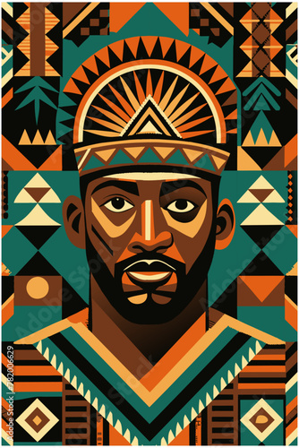 Ethnic poster with african pattern and pride man's face for black history month or juneteenth. Illustrated portrait of an african man surrounded by vibrant traditional patterns