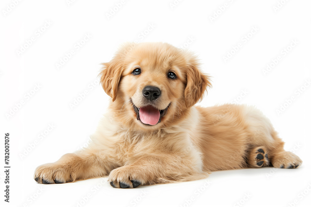Adorable golden retriever puppy lying on a white background with a joyful expression.