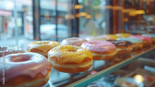 Variety of Colorful Glazed Donuts on Display in Bakery Shop Window with Reflections