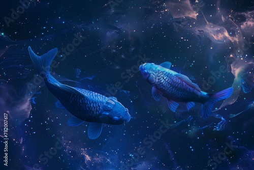 Pisces Zodiac Sign, Fish Horoscope Symbol, Two Magic Astrology Fishes, Pisces in Fantastic Night Sky © artemstepanov