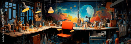 artist's studio with tubes and paints with brushes scattered around the workspace providing a glimpse into the creative process