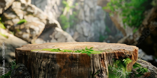 rustic wooden podium made from a tree trunk, perfect for a natural-themed event or presentation.