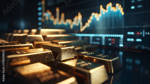 Gold bars, stacked together with line graph showing gold price. gold demand price chart concepts as wide banner with copy space